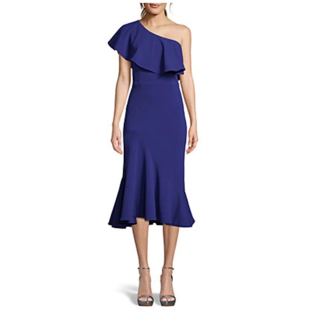 Betsy and Adam Blue One Shoulder Midi Ruffle Dress